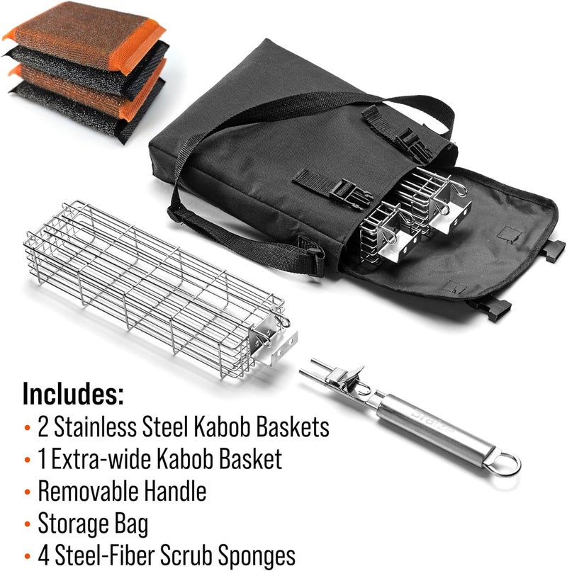 Braize Large Kabob Grilling Basket with Removable Handle. Stainless Steel construction with a Larger Capacity (12 x 2 x 2) and secure easy latch lid. (3-Piece Set – Bag & Sponges Included) - Image 4